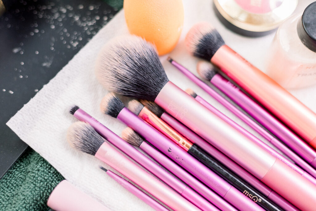 Colorful makeup brushes by hair and makeup artist. 